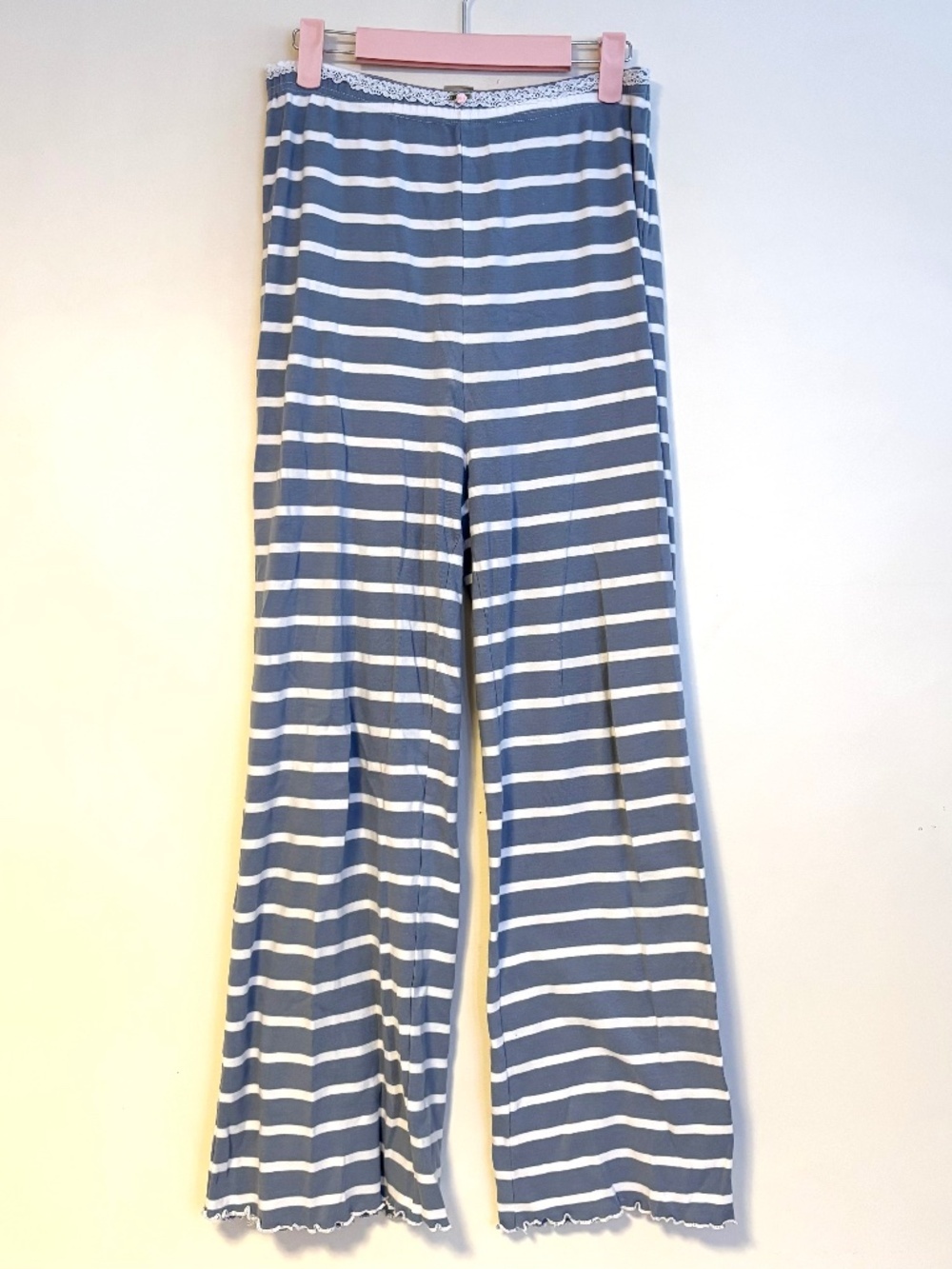 Lace Trim Wide Leg Lounge Pajama Pants Bottoms Blue White Stripes Womens Medium